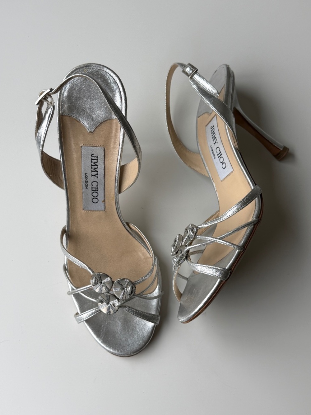 Vintage Jimmy Choo metallic silver leather strappy sandals, IT 37.5, ~US 7-7.5